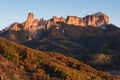 Chimney Rock and Courthouse Mountain in the early autumn of Southern Colorado. Royalty Free Stock Photo