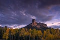 Chimney Rock at sunset with aspen trees in Fall Color Royalty Free Stock Photo