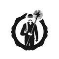 Chimney sweep with tool in uniform and chimney on the roof symbol