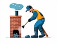 A chimney sweep working diligently to clean a brick chimney ensuring safe and efficient operation Royalty Free Stock Photo