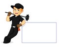 Chimney Sweeper leaning on a white sign