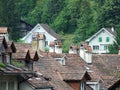 Chimneys on the roofs of residential houses in the center of Bern