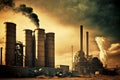 chimneys and silos of factory, chemical industry scene woth smoke