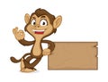 Chimp cartoon mascot leaning on wooden plank