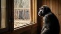 Curious Chimp Observing Nature From A Cabin Royalty Free Stock Photo