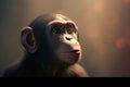 a chimpan monkey looking up at the camera with a blurry background of light coming from behind it and a blurry image of the back Royalty Free Stock Photo