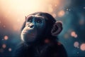 a chimpan monkey looking up at the sky with a bright light behind it and a blurry boke of bubbles in the background. generative Royalty Free Stock Photo