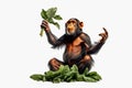 Chimpan sitting on the ground with leaf in his hand. Generative AI Royalty Free Stock Photo
