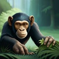 Chimpanze searching Food in the Forest Digital Art Ilustration