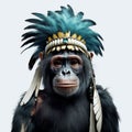 Chimpanzee Portrait With Indian Headdress High-quality Fashion Feather