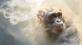 A chimpanzee appears amid shimmering silver-white smoke, its eyes peeking through the mystical mist