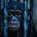 Chimpanzee behind bars looking directly at the camera Royalty Free Stock Photo