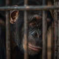 Chimpanzee behind bars looking out with a thoughtful expression