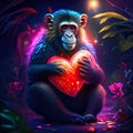 Mandrill hugging heart Chimpanzee with big red heart in his hands. Valentine\'s day card. Generative AI animal ai