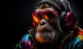 Chimpanzee in bright informal clothes wearing big professional headphones, in neon light. Closeup studio portrait. Royalty Free Stock Photo