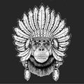 Chimpanzee, portrait. Monkey face. Ape head. Indian tribal traditional headdress with feathers.