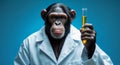 Chimpanzee in laboratory coat holding test tube on blue background. Royalty Free Stock Photo
