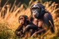 Chimpanzee mother and baby sitting in the grass. Uganda. Africa with Generative AI.