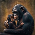 Chimpanzee mother with her little baby. Generative AI