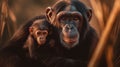 Chimpanzee Mother Petting Her Son in a Tender Way Blurry Background