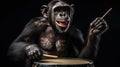 Chimpanzee playing drums in a music studio. Chimpanzee. Evolution Concept