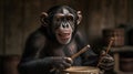 Chimpanzee playing drums in a music studio. Chimpanzee. Evolution Concept