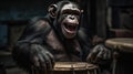 Chimpanzee playing drums in a music studio. Chimpanzee. Evolution Concept