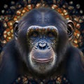 Chimpanzee Portrait With Abstract Fractal Background. 3D Rendering