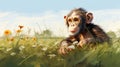 Digital Illustration Of Chimps Grazing In Grassy Field