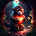 Monkey hugging heart Chimpanzee with red heart in his hands. Valentine\'s Day. AI Generated animal ai