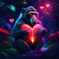 Mandrill hugging heart Chimpanzee with a red heart in his hands. Valentine\'s Day. generative AI animal ai