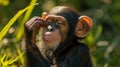 A chimpanzee is sitting in the grass and scratching his head, AI Royalty Free Stock Photo