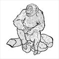 Chimpanzee sitting on rock, drawing with pattern for coloring