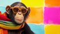 Chimpanzee sunglasses and scarf in studio with a colorful and bright background. AI Generative