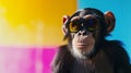 Chimpanzee sunglasses and scarf in studio with a colorful and bright background. AI Generative