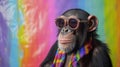 Chimpanzee sunglasses and scarf in studio with a colorful and bright background. AI Generative