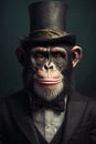 Chimpanzee in top hat and tails half - length front view Royalty Free Stock Photo