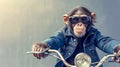 a chimpanzee wearing a denim jacket and goggles is riding a motorcycle, copy space