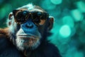 Chimpanzee wearing sunglasses with a thoughtful expression