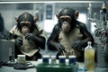 Chimpanzees as scientists experiment created with Generative AI technology Royalty Free Stock Photo