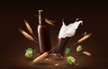 Chin chin dark beer in glass cup and bottle with wheat and hops, refreshing drink with white foam in 3d illustration Royalty Free Stock Photo