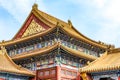 China, Beijing, Forbidden City Different design elements of the colorful buildings rooftops closeup details