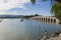 China, Beijing. Summer Palace. View of Kunming Lake and Seventeen Arch bridge Royalty Free Stock Photo