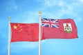 China and Bermuda two flags on flagpoles and blue cloudy sky