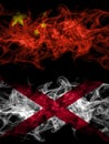 China, Chinese vs Alabama, Alabamian smoky mystic flags placed side by side. Thick colored silky abstract smoke flags