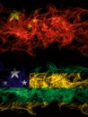 China, Chinese vs Brazil, Brazilian, Sergipe smoky mystic flags placed side by side. Thick colored silky abstract smoke flags