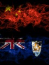 China, Chinese vs British, Britain, Anguilla smoky mystic flags placed side by side. Thick colored silky abstract smoke flags