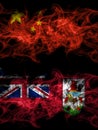 China, Chinese vs British, Britain, Bermuda smoky mystic flags placed side by side. Thick colored silky abstract smoke flags