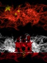 China, Chinese vs British, Britain, Gibraltar smoky mystic flags placed side by side. Thick colored silky abstract smoke flags