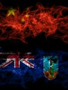 China, Chinese vs British, Britain Montserrat smoky mystic flags placed side by side. Thick colored silky abstract smoke flags